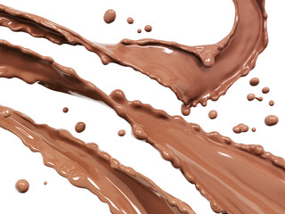 Sweet flowing liquid food with splashes and drops chocolate abstract background, isolated 3d rendering