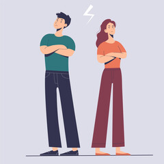 Couple of woman and man is in quarrel. Disagreements and problems between partners in relations. Illustration of different steps of psychology of relationships.