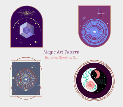 Large set of images of objects of esoterica, alchemy, magic, fortune telling, occultism. Vector doodle in outline style for tarot cards design, social networks, groups, web page.