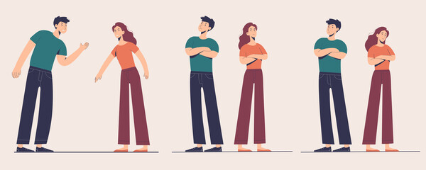 Set of quarrelling couple. Problems in relations between beloved partners or friends.  Illustration of different steps of argument between man and woman.