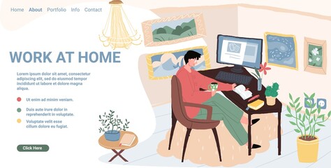 Vector cartoon flat happy freelancer character works at home office apartment interior workspace.Young man sits in cozy atmosphere working on laptop-landing page design,online freelance work concept