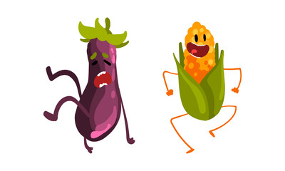 Funny Humanized Vegetables with Open Mouth Shouting and Laughing Vector Set