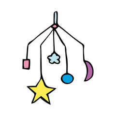 Color vector illustration of a mechanical musical toy over a baby bed. Hand drawn icon and symbol for print on baby clothes, poster, sticker, card design. Cartoon design elements. 