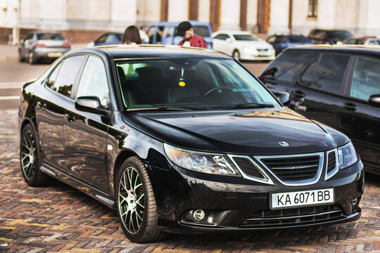 Chernigov, Ukraine - July 24, 2021: Black Saab 9-3 in the city center