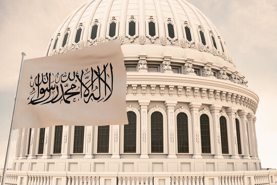 Beautiful flag of Shahada Afghanistan waving with the strong wind and behind it the dome of the Capitol 3D RENDER.