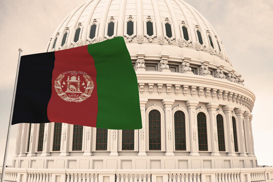 Beautiful flag of Afghanistan waving with the strong wind and behind it the dome of the Capitol 3D RENDER.