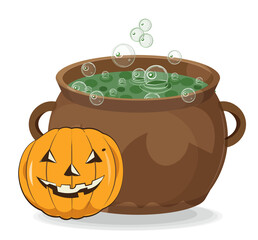 witchs pot with hel and pumpkin with terrible face