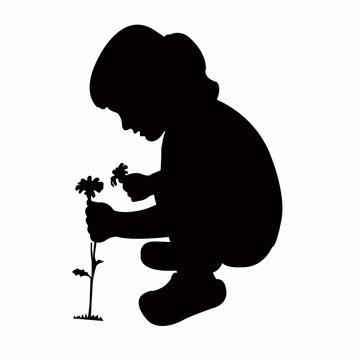 a girl picking flower, silhouette vector