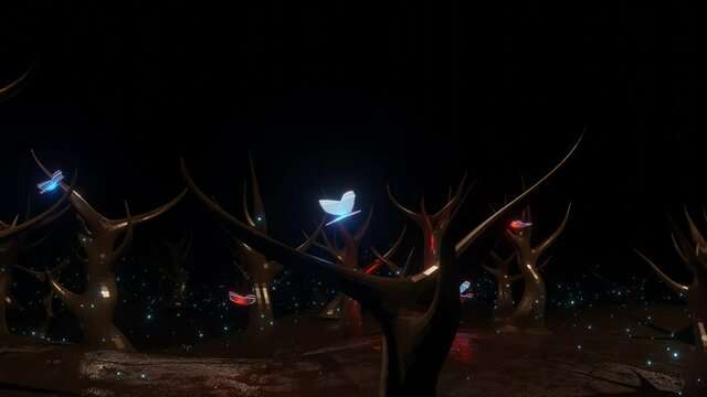 glowing red and blue butterflies fly in the night old forest. magic composition. looped animation. 3d render