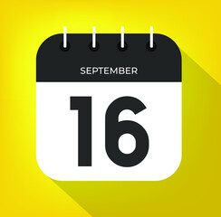 September day 16. Number sixteen on a white paper with black color border on a yellow background vector.