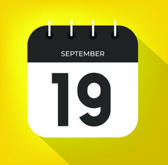 September day 19. Number nineteen on a white paper with black color border on a yellow background vector.