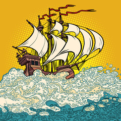 an ancient sailing ship, the caravel of Columbus. Sea voyages