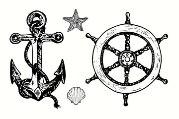 Anchor, ship`s wheel, sea star and seashell. Ink black and white doodle drawing in woodcut outline style illustration