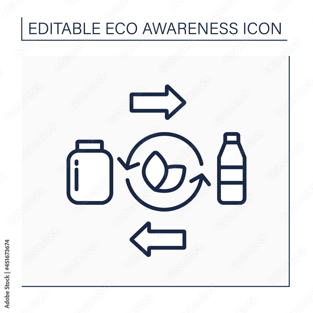 Poster reusable tableware line icon. recycling. returnable using bottles, jars, containers. reasonable cons