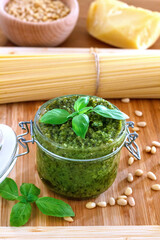 Homemade pesto made of basil, pine nuts, and Parmesan cheese