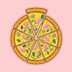 Sliced pizza with sausage, ham, prosciutto, peppers, onions, basil, mushrooms, olives and cheese. Flat vector illustration.