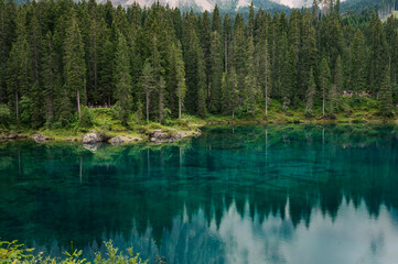 Extremely clear water with reflection in Carezza lake in South Tyrol, Italy. Surrounded by green , rich forest and dolomite mountains, Alps.