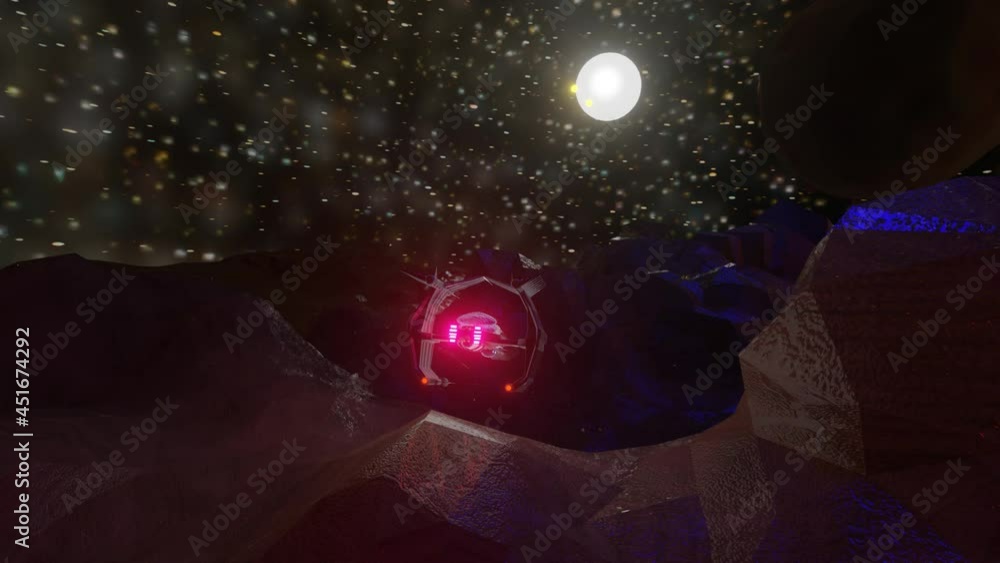 Poster a fantastic spaceship flies over the surface of the planet. space composition. looped animation. 3d 