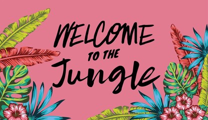 welcome to the jungle banner, vibrant palm leaf appliques and tropical plants, chlorophyll color and nouveau peach shade