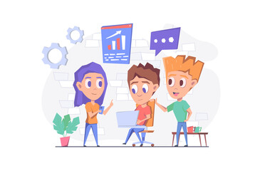 Teamwork. The team works together. The man sits with his laptop and discusses the schedule with the woman, a colleague stands nearby and supports them. Flat vector illustration.