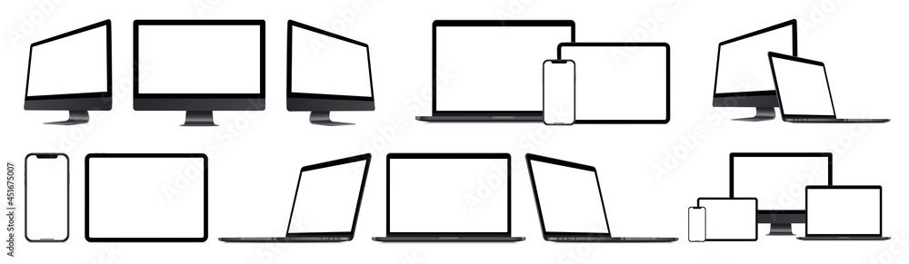 Poster realistic black devices mockups with empty screens collection : laptop computer, monitor, smartphone