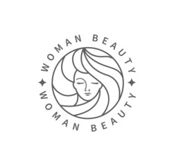Woman beauty fashion logo. Black and white template design in minimal style, emblem for beauty studio and cosmetics, badge for make up, beautiful woman face face in hair.Vector illustration.