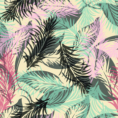 Tropical palm leaves, vector pattern. Jungle foliage illustration. Exotic plants. Summer beach floral design.