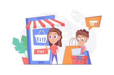 Online shopping. A woman buys goods online through her smartphone. A man with a laptop sits on boxes and buys goods online through an online store, with shopping bags next to him, and a bubble with a 