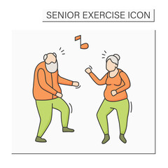 Dancing color icon. Physical activity. Fun time. Cardio workout. Safety training for old people. Prevention diseases. Senior exercise concept. Isolated vector illustration