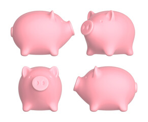 Pink ceramic piggy bank, 4 views from different sides. Isolated on white background. 3d rendering illustration. 
