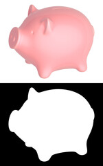 Pink ceramic piggy bank, viewed from the side view. Isolated on white background. 3d rendering illustration. Alpha Channel mask.