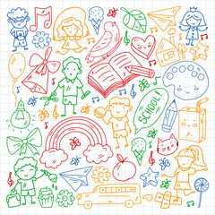 Vector pattern with items for school. Online internet education, e-learning.