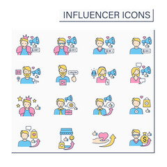 Influencer color icons set. Share information, knowledge, thoughts on audiences. Influencer advertising, marketing, sponsorship. Blogging concept. Isolated vector illustration