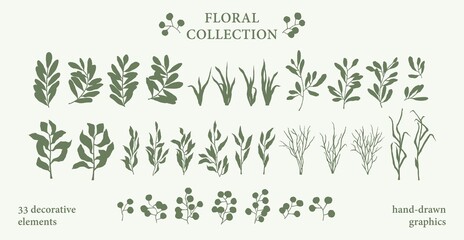 Vintage style plants and leaves silhouette. Hand sketched floral collection. Cartoon plant leaves. Vector set of botanical elements