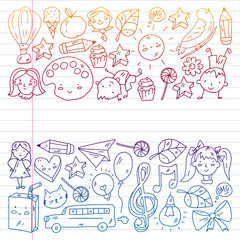 Kindergarten little children play at the park. Online education.