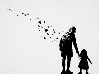 Father and daughter silhouette. Death and afterlife. Flying birds - 451677858