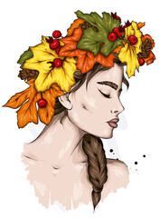 Beautiful stylish girl in stylish clothes and a wreath of autumn leaves. Fashion and style, clothing and accessories. Autumn.