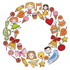 Kindergarten little children play at the park. Online education.