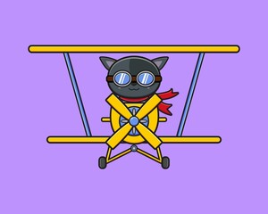 Cute cat driving a plane cartoon icon illustration © dancingrain16