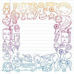 Kindergarten little children play at the park. Online education.