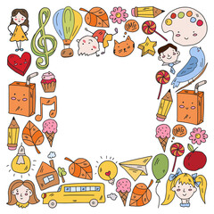 Fototapeta premium Kindergarten little children play at the park. Online education.