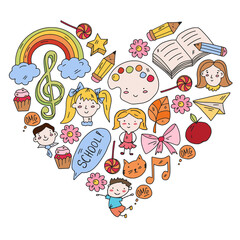 Kindergarten little children play at the park. Online education.