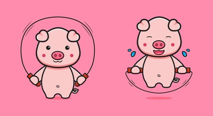 Cute pig do jump rope cartoon icon illustration