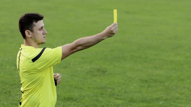 Soccer referee showing penalty and yellow card. Concept of sport, rules violation, offside.