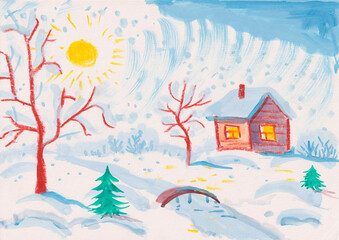 Fototapeta na wymiar Winter village landscape. Small house, trees, fir-trees, bridge over the river among snowy hills. Rural area, raster illustration in the style of children`s drawing