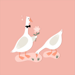 vector illustration of cute bird geese, valentine card in cartoon style