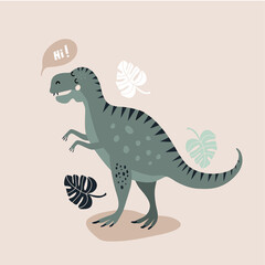 vector illustration of green dinosaur in cartoon style, for kids design and greeting cards