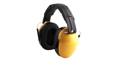 Yellow earmuffs to protect ears when working in a noisy environment, this tool is included in hearing protection, part of safety first in ppe - obrazy, fototapety, plakaty