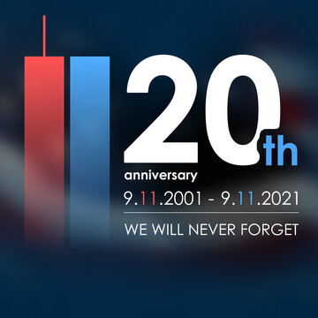 9/11 USA Never Forget September 11, 2001. Vector illustration cover. Blurred Twin Towers WTC Patriot day, USA Blurred Flag Day of Remembrance, Memorial Day United States. 11.09.2001. Never Forget