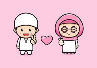 Cute muslim couple cartoon icon illustration